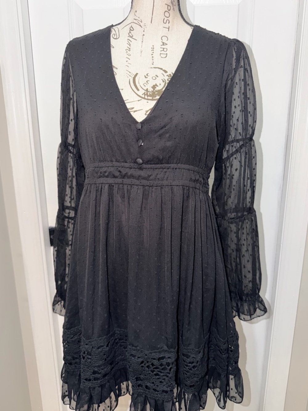 Frille Rose Black Long-Sleeve V-Neck Swiss Dot A-Line Dress - Picture 5 of 12
